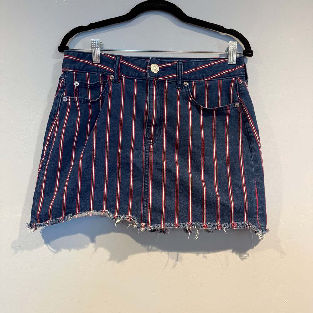 American Eagle Hi-Rise Mini Skirt Striped Denim Raw Hem Women’s Size 8